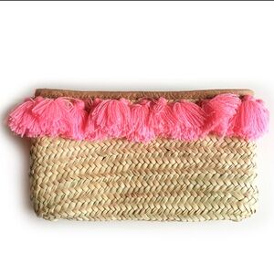 Straw Clutch Bags French Baskets PomPom Pink